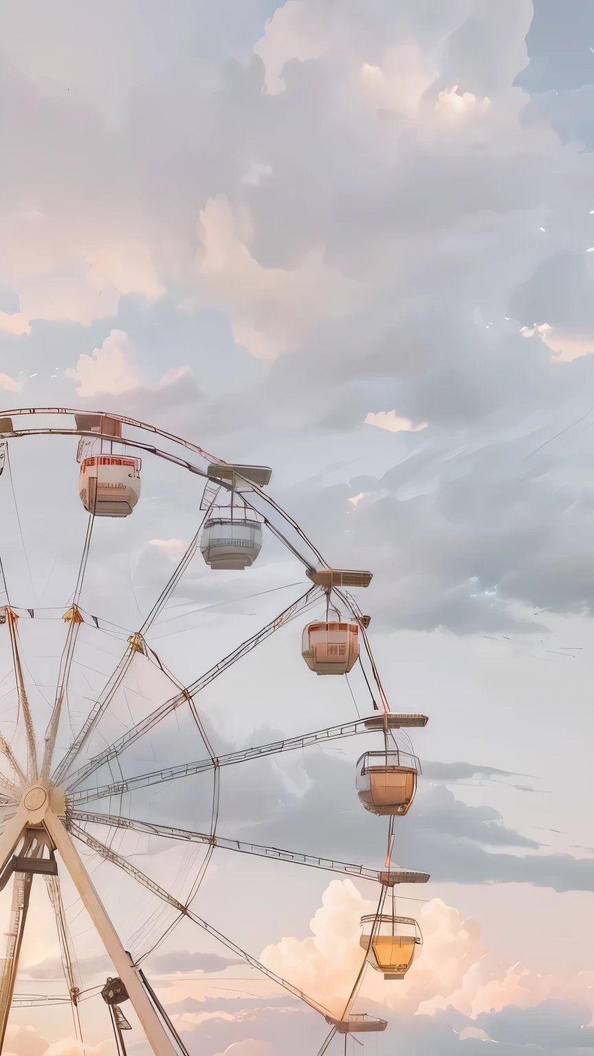 araffes on a Ferris wheel in a cloudy sky, ( Ferris wheel ), Ferris wheel, 梦幻aesthetics, Pearly sky, Festive mood, Recreational facilities, Instagram Stories, 梦想aesthetics, fairground Recreational facilities, mix of aesthetics, soft sky, nostalgic atmosphere, amusement park, beautiful aesthetic, 柔和的aesthetics, 壁纸aesthetics, (aesthetics), nice images, Beautiful clouds in the sky
