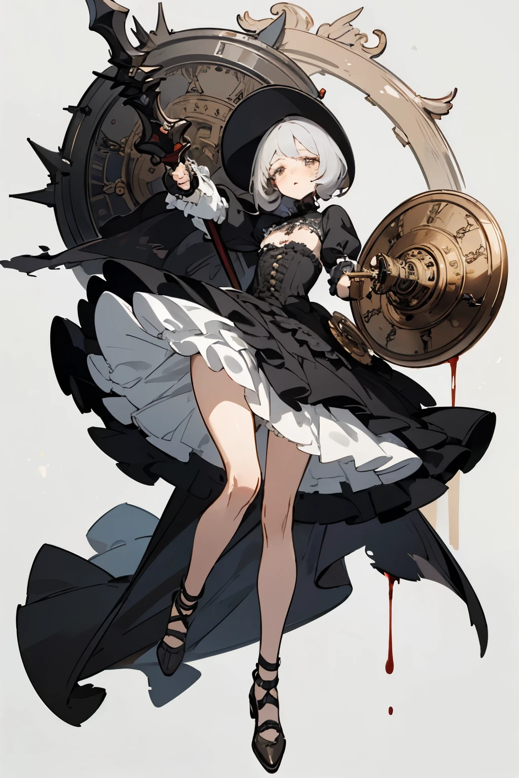 ((best quality)), ((masterpiece)), (detailed), perfect face ((best quality)), ((masterpiece)), (detailed), blank white background, plain background, white background, Bloodborne inspired,  occult aesthetic, occult, detailed and intricate steampunk and detailed gothic, (zentangle, mandala, tangle, entangle),  NSFW, torn clothing, Very dramatic and cinematic lighting, cosmic horror, grim-dark, side-lighting, perfect face, a beautiful goddess adorned and enshrined in armour, Bloodborne inspired , occult aesthetic , occult , detailed and intricate steampunk and detailed gothic , wielding a sword and holding a shield, NSFW, Fluttering lace flared short dress with frilly petticoats, knee length dress, pleated petticoats, lolita dress, petticoats gothic lolita, side-lighting, gothic lolita aesthetic, beautiful small breasts, small breasts, full body, whole body, body, plain background, white background, blank background, no background, white background NSFW, full body, whole body, head-to-toe