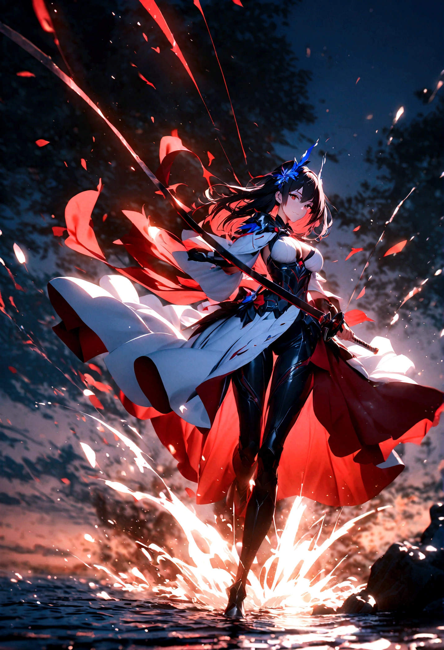 the garden of sinners,ryougi shiki,female,white kimono,short flowing black hair,look back sideways,stand on the lake,wielding a katana,make a splash,full body,moonlit night, massive moon,a firm and soft look,cool colors,blue and white,best picture quality,uhd,virtual engine,octane rendering,bloom, details,ambient light shading,depth of field effect, kirlian photography