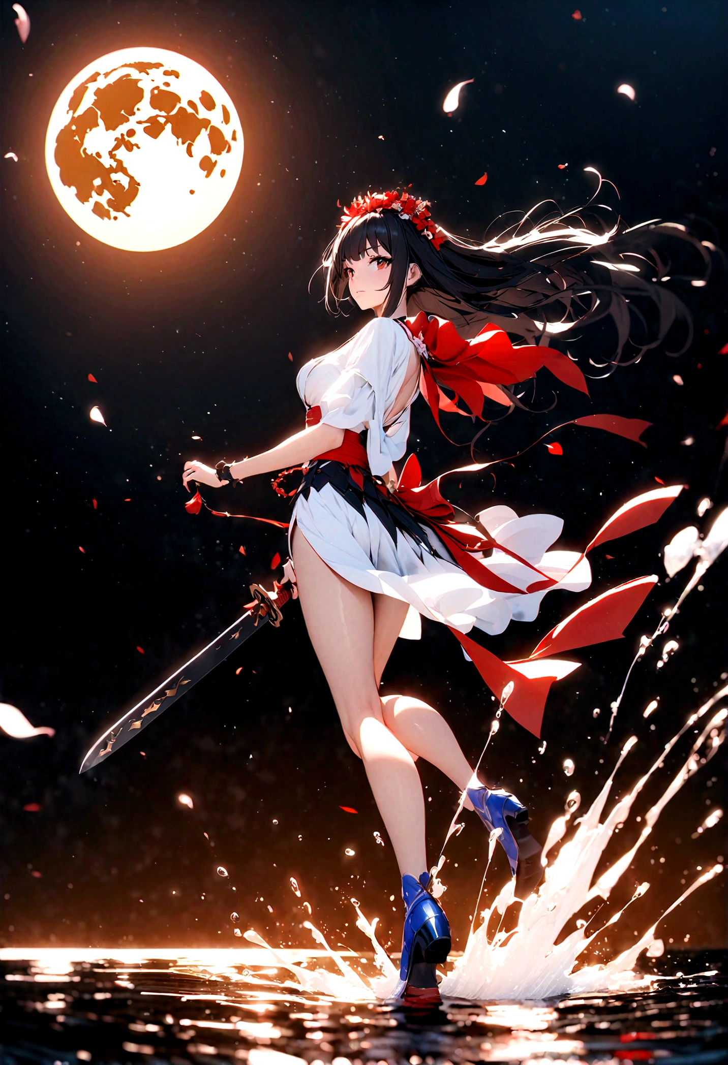 the garden of sinners,ryougi shiki,female,white kimono,short flowing black hair,look back sideways,stand on the lake,wielding a katana,make a splash,full body,moonlit night, massive moon,a firm and soft look,cool colors,blue and white,best picture quality,uhd,virtual engine,octane rendering,bloom, details,ambient light shading,depth of field effect, kirlian photography