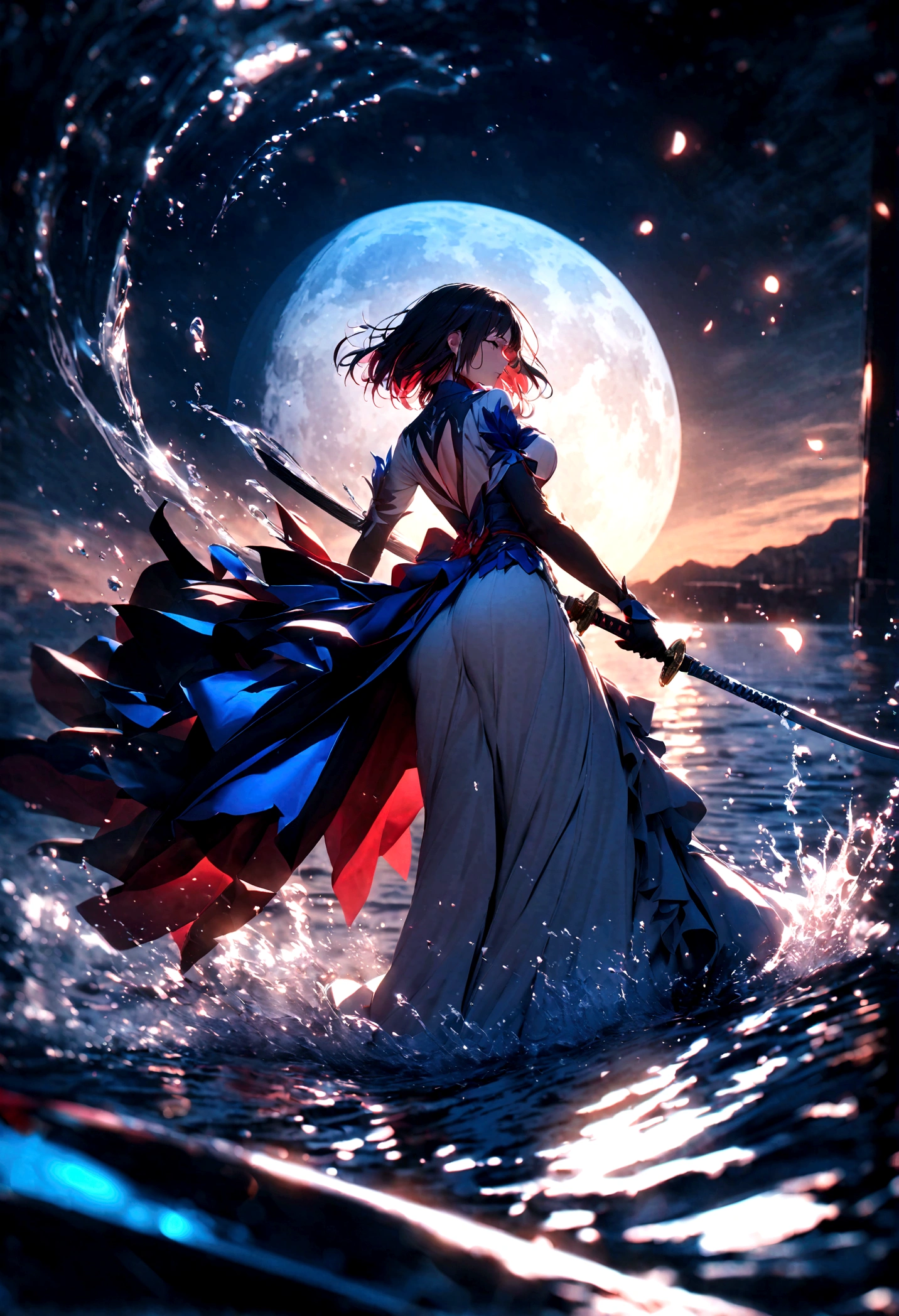 the garden of sinners,ryougi shiki,female,white kimono,short flowing black hair,look back sideways,stand on the lake,wielding a katana,make a splash,full body,moonlit night, massive moon,a firm and soft look,cool colors,blue and white,best picture quality,uhd,virtual engine,octane rendering,bloom, details,ambient light shading,depth of field effect, kirlian photography