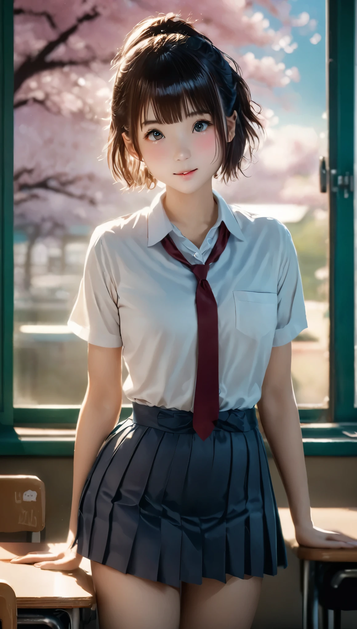 (Tabletop, highest quality:1.2), 8k, 18-year-old, 85mm, Official Art, RAW Photos, Absurd, White dress shirt, Cute Face, close, Upper Body, Viola Lace, Gardenia, beautiful girl, (Dark red tie:1.1)、(Navy Pleated Skirt:1.1), Cinch waist, Thighs, Short sleeve, classroom, ponytail、short hair、short hair、high school girl、 Looking at the audience, No makeup, (smile:0.4), Film Grain, chromatic aberration, Sharp focus, Face Light, Bright lighting, Teen, Cinematic Lighting Effects、Charm、Cute and quirky、Fantasy art、Bokeh、Soft lighting、4K resolution、 Photorealistic Rendering、Very detailed、A realistic masterpiece、Professional photography、 ((背景のBokeh,日本の学校のclassroom、classroom、Cherry tree seen from the window))、
