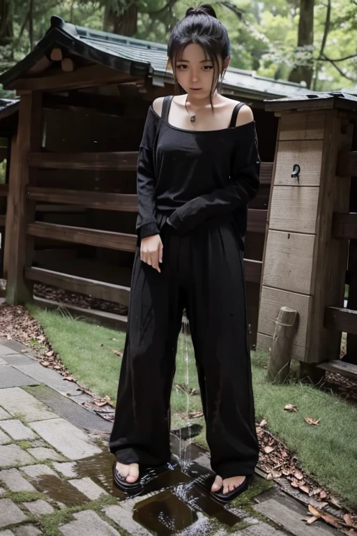 Japanese Girl sees the ghost and pees her black palazzo pants until her pants are wet in fright.