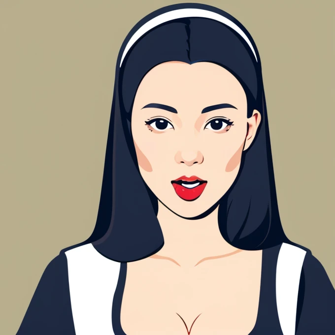 Simple cartoon vector SVG top view of a sexy young catholic nun with narrowed eyes and tongue out, Ahegao, (She has great cleavage:1.4), Browsing Caution, Flat color style,