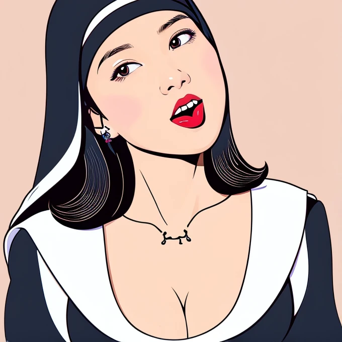 Simple cartoon vector SVG top view of a sexy young catholic nun with narrowed eyes and tongue out, Ahegao, (She has great cleavage:1.4), Browsing Caution, Flat color style,  