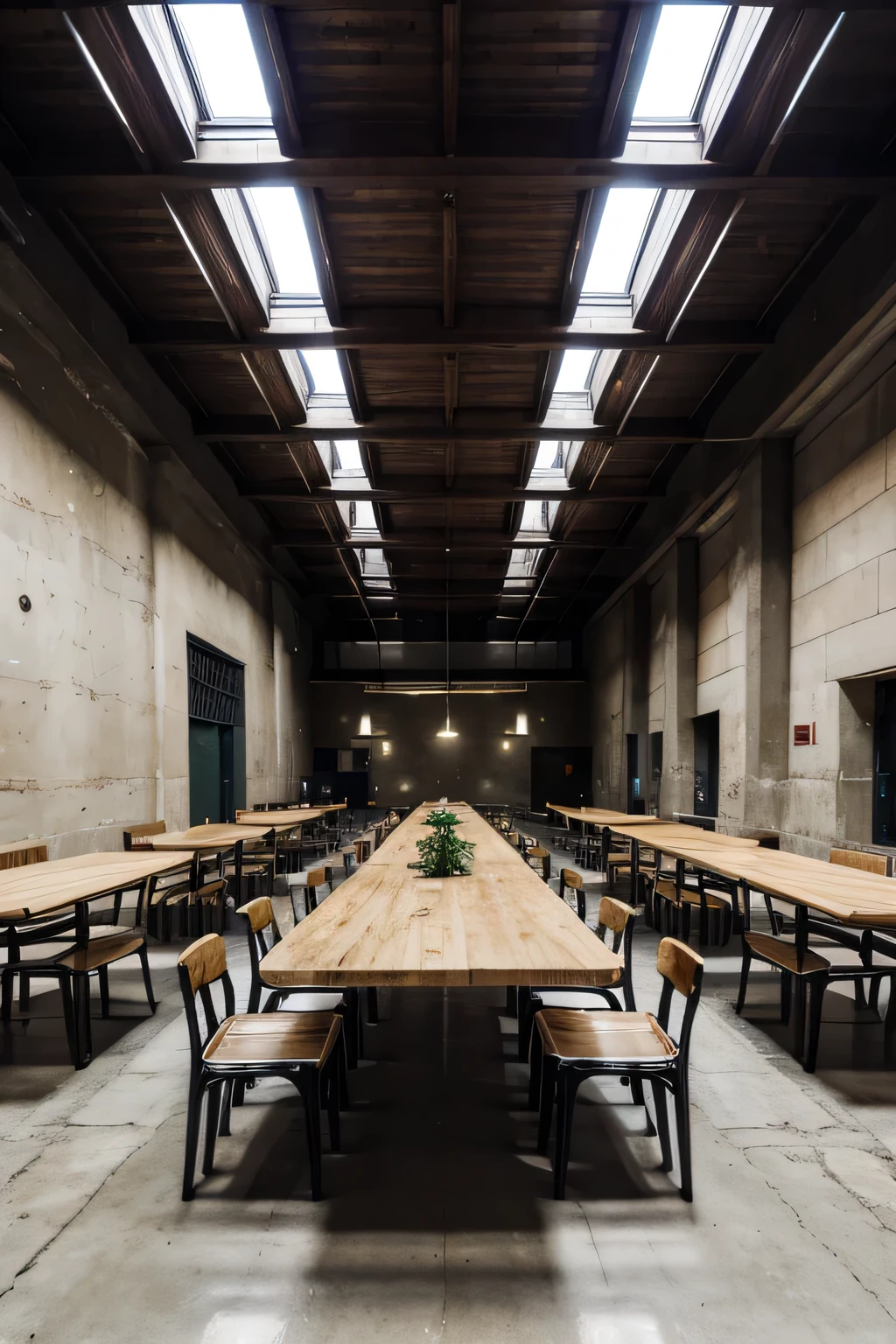 (masterpiece:1.2),(best quality:1.2), very strict prison, jail, canteen, cafeteria, iron tables, iron chairs, chains, bullwhips, dish plates