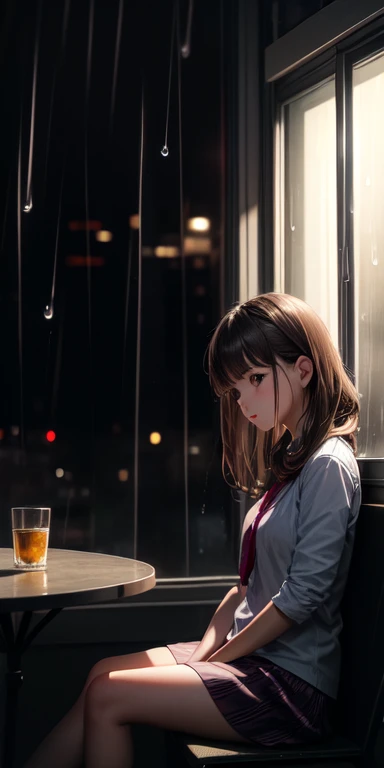 Create a picture where a girl is seating in front of a window, it is evening , out side the window there is raining and lighting, the girl is listening music,