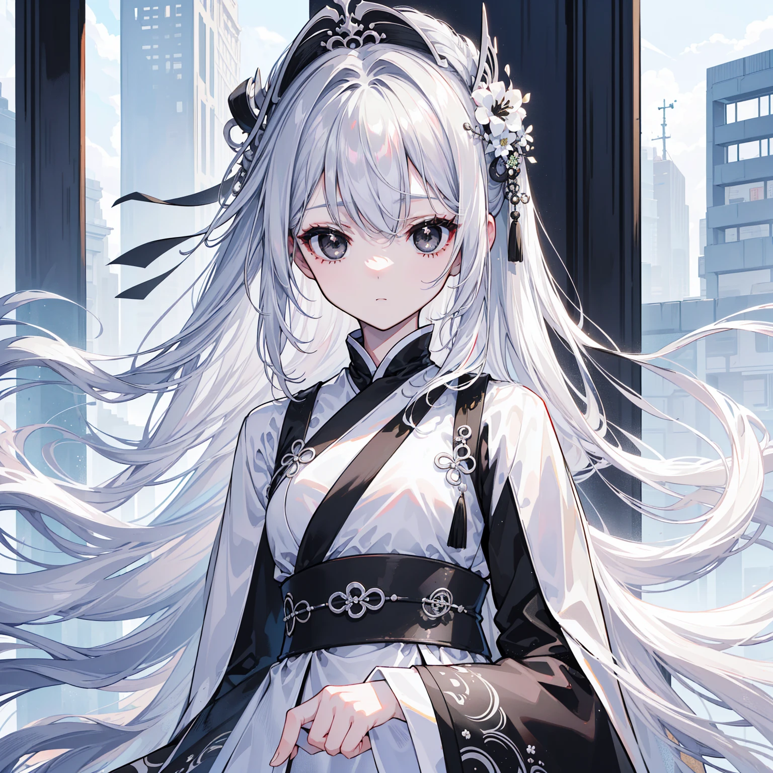 (Top image quality)、(Ultra Detailed)、(Facing forward)、top quality、masterpiece、(((1 名girl )))、、girl、Silver Hair、white hair、((Long hair))、(black eyes:1.6)、(Hanfu)