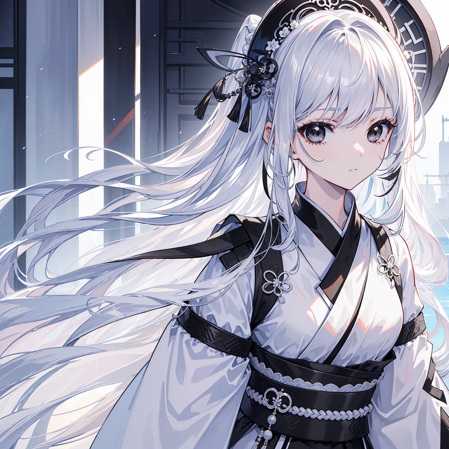 (Top image quality)、(Ultra Detailed)、(Facing forward)、top quality、masterpiece、(((1 名girl )))、、girl、Silver Hair、white hair、((Long hair))、(black eyes:1.6)、(Hanfu)