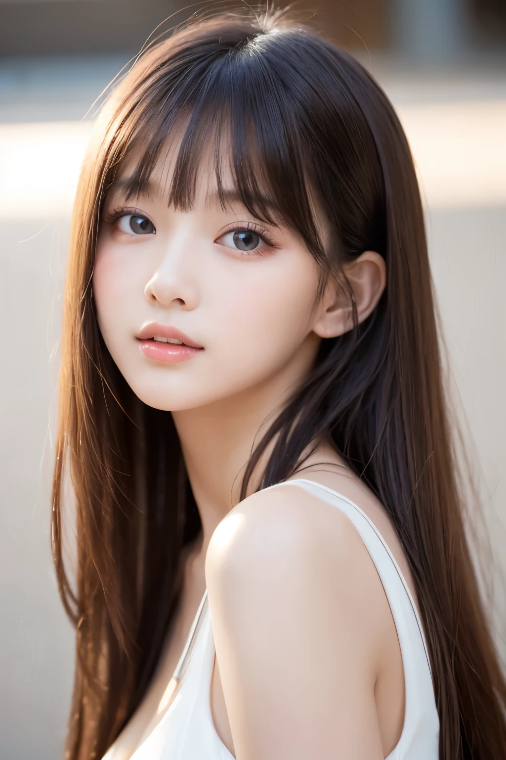 Clear, glowing skin、18 years old cute sexy little beautiful face、Bright blonde super long straight hair that shines in the light、Her hair dances in front of her cute and beautiful face..........、Silky long bangs that cover cute eyes、Sexy and cute young woman、Beautifully shining pale sky blue eyes、White and glowing skin、Gloss Face、Cheek gloss、Small Face Beauty、Round face、The most beautiful girl in the world、