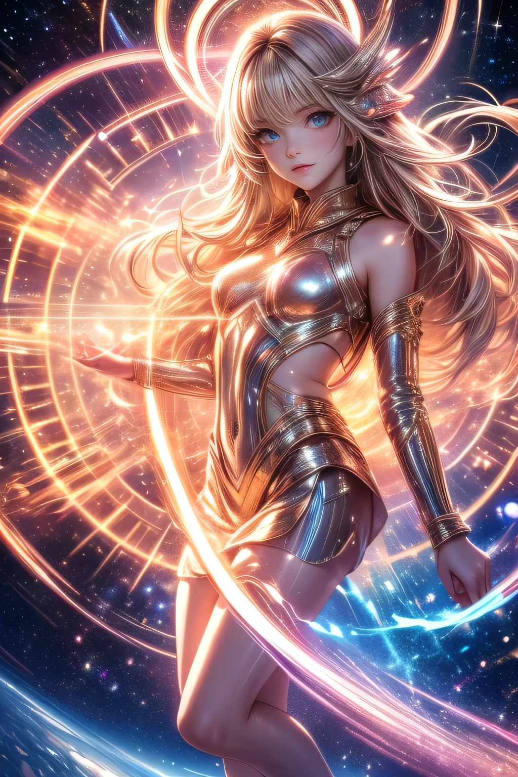 multiple exposure, fantasic illustration, mirror effect, masterpiece:1.2, highest quality, highres, 16k, beautiful detailed, ultra-realistic, photo realistic:1.37, beautiful girl who transcends time and space, through the subspace field connecting circular stargates, posing of passing through a stargate, growing glay eyes, shining pupils, blushed cheek, shiny rosy lips, beautiful delicate(hair, face, eyes, pupils, stargate), full-body view