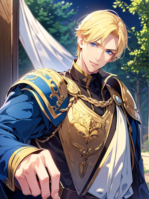 ‪ (masterpiece, 8k, Absurd, Digital Art, Digital Illustration, Realistic, Very detailed, Realistic lighting), (Perfect Face, Perfect Eyes, Perfect body), male,1 person, male的な, Adult,good looking, Sharp features,1 Home, 25 hours, short hair,blonde,sword,Things to know, landscape, forest,night, French Armor, blue eyes,Smiling in disguise.