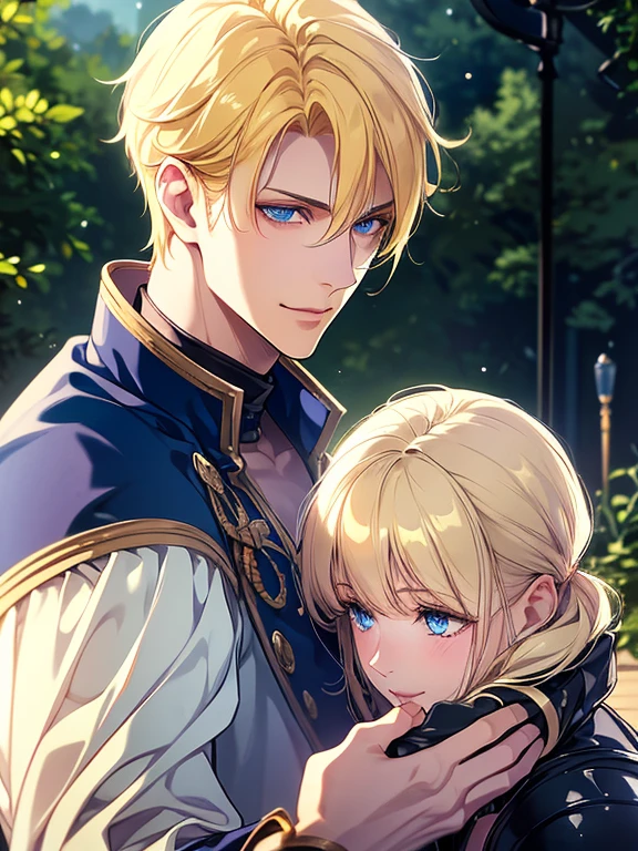  (masterpiece, 8k, Absurd, Digital Art, Digital Illustration, Realistic, Very detailed, Realistic lighting), (Perfect Face, Perfect Eyes, Perfect body), male,1 person, male的な, Adult,good looking, Sharp features,1 Home, 25 hours, short hair,blonde,sword,Things to know, landscape, forest,night, French Armor, blue eyes,Smiling in disguise.