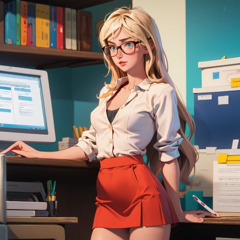 Marina Sharapova in official unbuttoned dress, detailed body, live action, glasses, lifting skirt, modern office