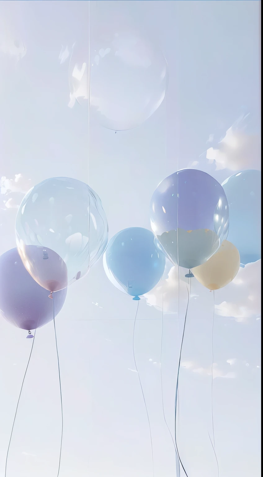there are three balloons floating in the air with a sky background, Floating in the air, Floating details, Floating Objects, Floating in the air, balloons, balloon, floating in the air, Floating particles, float to the sky, balloon, Illustration of the golden ratio, floating away, Rinko Kawauchi, Blurred dream illustration, Floating in mid-air