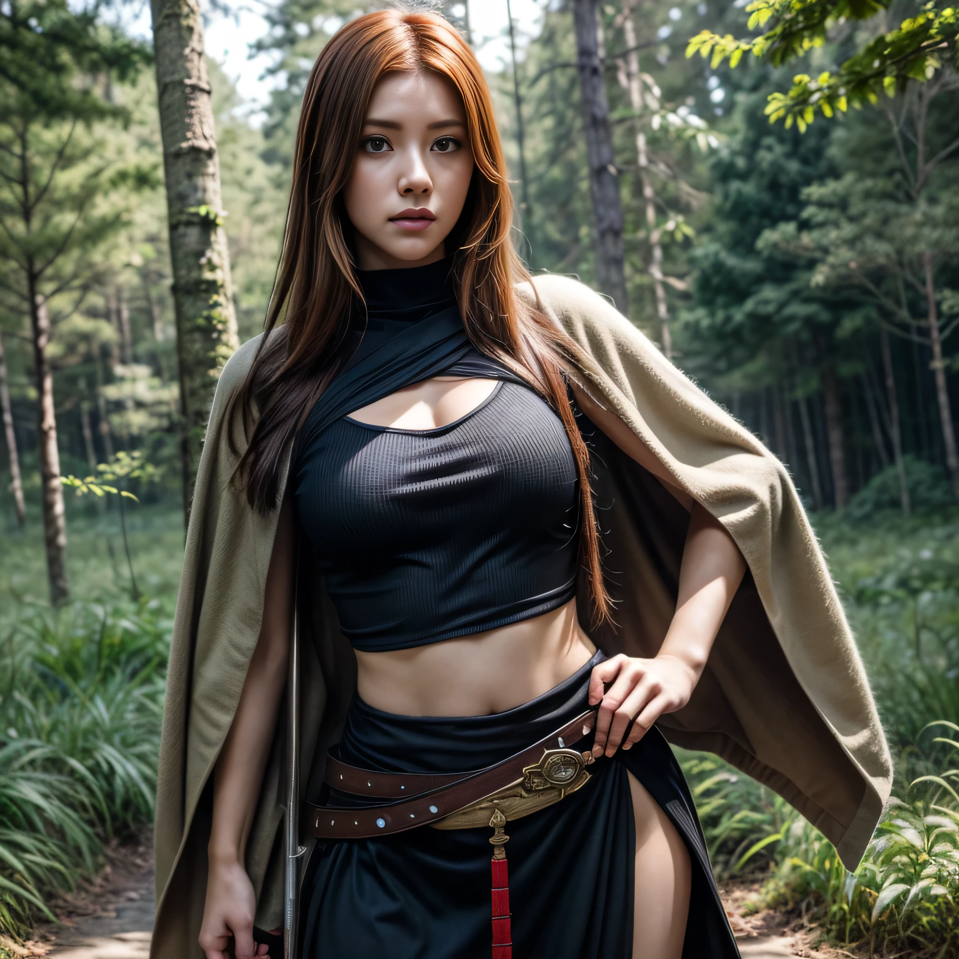 photorealistic, masterpiece, photorealistic, high resolution, soft light, hips up, blue eyes, ginger hair, long hair, Intricate details EABA, cloaks, wagasa, Ninja, Armor, warrior, samurai helmet, Kushina Uzumaki, Konoha forest