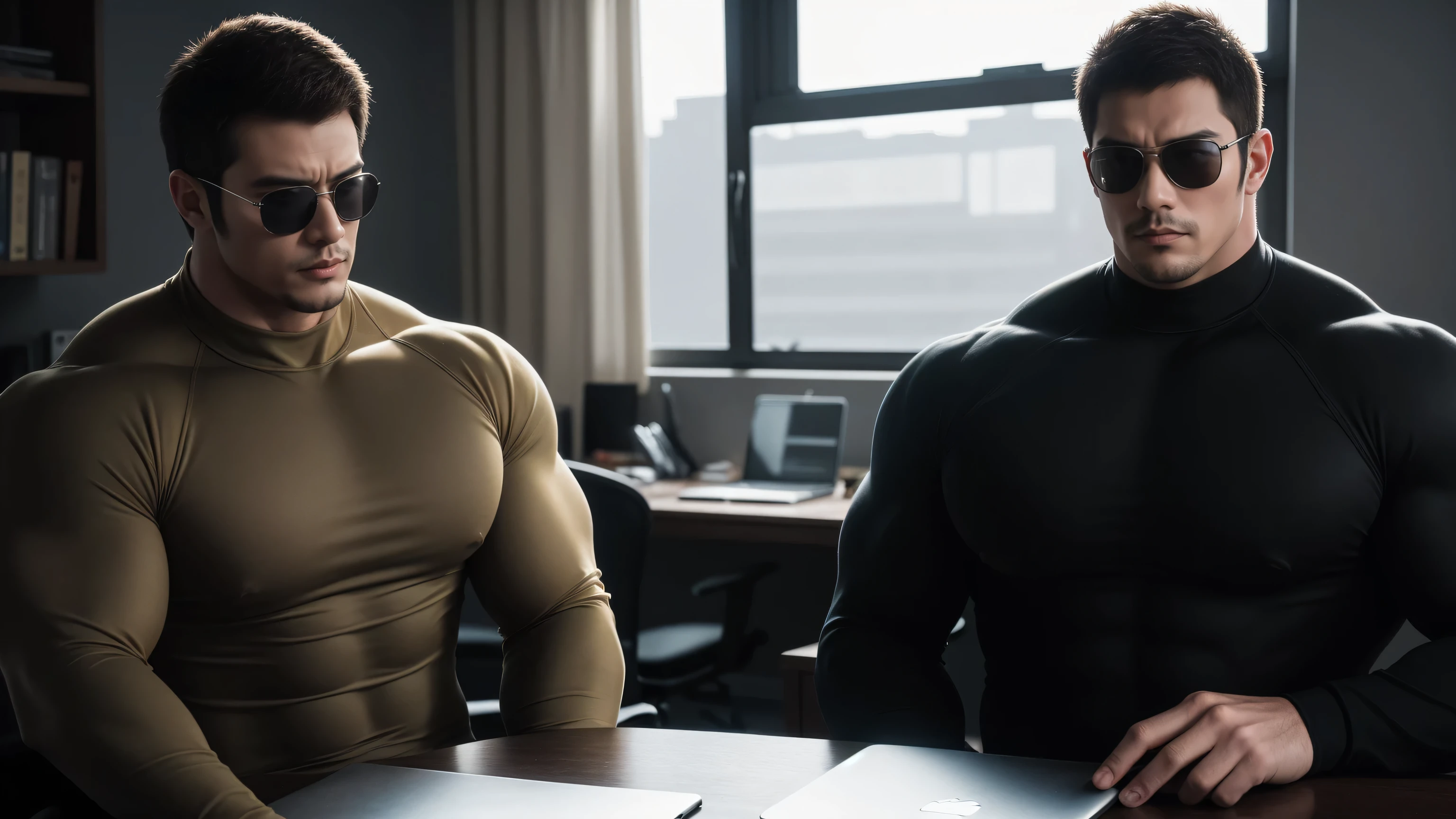 1 super muscular man,  He wears sunglasses，Sitting in the office，Work with a laptop，He wears sunglasses，Buzz Cut，In a luxurious office, Wear a long-sleeved, deep turtleneck bodysuit, Thickened warm elastic texture，Clothes are very dirty with mud stains，The expression is arrogant, Thick thighs, Messy hair, High-necked long-sleeved dark yellow high-necked tights, very tight, Regular symmetrical pattern, Highlight muscles, Police uniform pants, character concept（Resident Evil - Chris Redfield, Chris Redfield）A proud expression, Deep and charming eyes, Heroic male pose, tall Burly, muscular！muscular thighs, tough guy, perfect facial features, High, Burly, Heqiang, Super polished and cool, High Resolution Committee, Charismatic, Sunlight through the window, shine on body