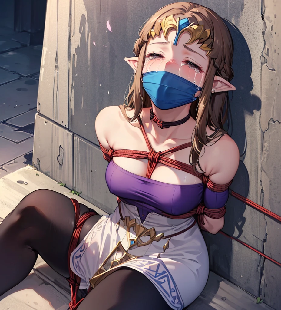 ((((Gagged in the mouth)))),((Long Hair)),((Adult women)),((cry)),((A large amount of thick brown rope))(((((Suppressed, bondage))))),((((Leaning against a wall)))),((Close one eye))Big Breasts,((Purple blouse)),(((Suppressed, bondage))),(())Half naked,((Embarrassed look)),((((Crying face)))),Blushing,Princess Zelda, ((highest quality)), (Very detailed), (((Overhead Shot)),((black tights)),((Exposed shoulders)),beauty,beautiful,Princess Zelda, Ticker,((look up)),((Sitting)), Nintendo, The Legend of Zelda