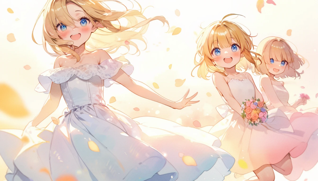 wedding, wedding dress, ((watercolor)), ((***********s)), ((3girls)), ((**** face)), blue eyes, beautiful detailed eyes, glossy blonde hair, ahoge, happy smile, long hair and short hair, glasses, elf, blush, pastel color background, ((petals:1.3)), (windy:1.5), bouquet, ((soft light:1.5)), off shoulder, ((blunt bangs and forehead)), ((hair over eyes:1.3)), ((jumping:1.5))