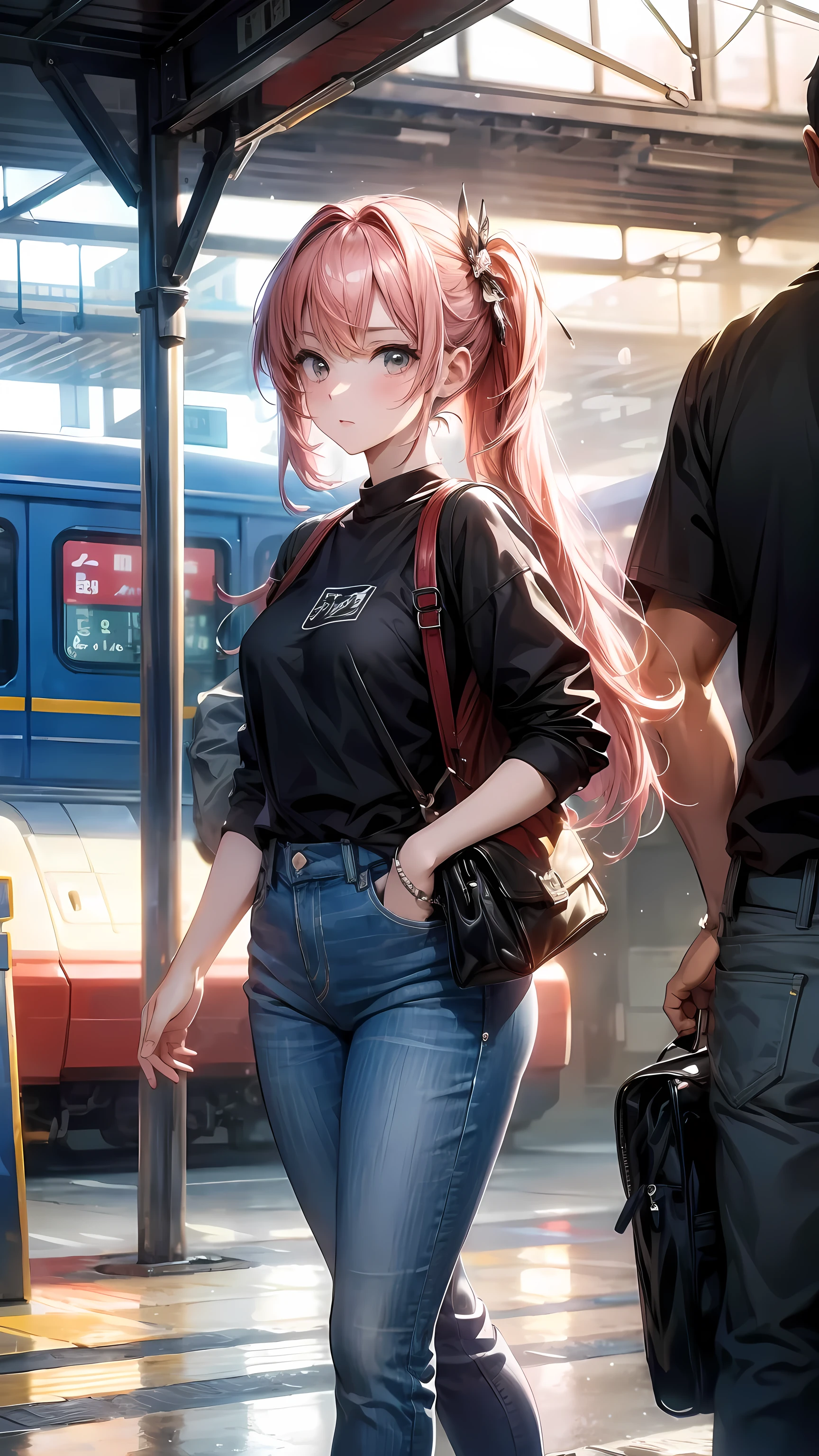 (masterpiece), (best quality), (High resolution), detailed, (Complex detail 1.2), (Hyper detailed 1.4), (Gorgeous digital art 1.2), absurd, 1 Girl, Small Breasts, yes, Hair accessories, Solitary, Pink Hair, (Black shirt:1.3), jeans, (TRAIN STATION:1.2) running, thigh, shortstack,