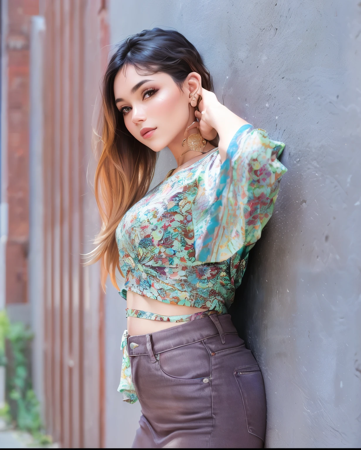 arafed woman leaning against a wall with her hand on her head, wearing crop top, wearing a sexy cropped top, casual pose, modeling shoot, wearing a cute top, stylish pose, candid picture, with a cool pose, wearing a designer top, wearing a cropped tops, modeling photography, casual photography, full body photogenic shot, wearing a white shirt and skirt