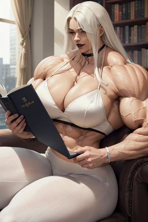 (((((Massive tall, beautiful, buff, light brown skinned muscular woman with white hair, black lipstick, ginormous bulky muscles, on the couch reading a book and wearing a silk white bra with white silk pajamas pants))))), close view, massive muscle, massive biceps, hyper muscle shoulders, (massive muscle arms), vascular shoulders, hyper muscle triceps, (long straight hair), blue eyes, choker, slippers, (in an apartment), confidant smile, night, hyper vascular arm, hyper muscles arms, hyper muscle legs, (massive arms).