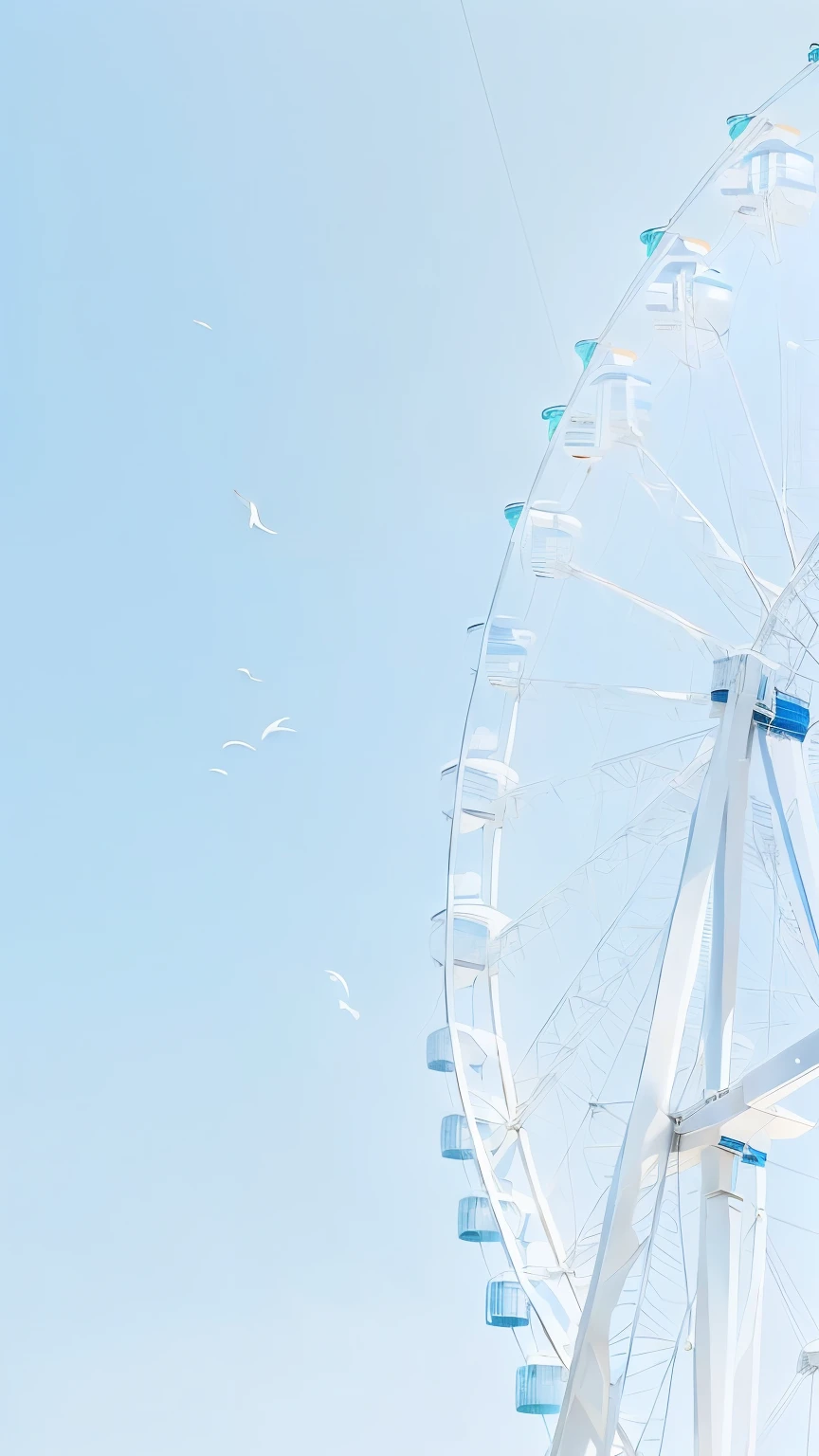 araffes of a Ferris wheel against a blue sky, ( Ferris wheel ), Ferris wheel, sky blue and white color scheme, white and pale blue toned, white and pale blue, Light blue and white tones, On a sunny day, Light blue sky, white and blue color scheme, On a sunny day, light blue clear sky, white and blue, Sunny Day