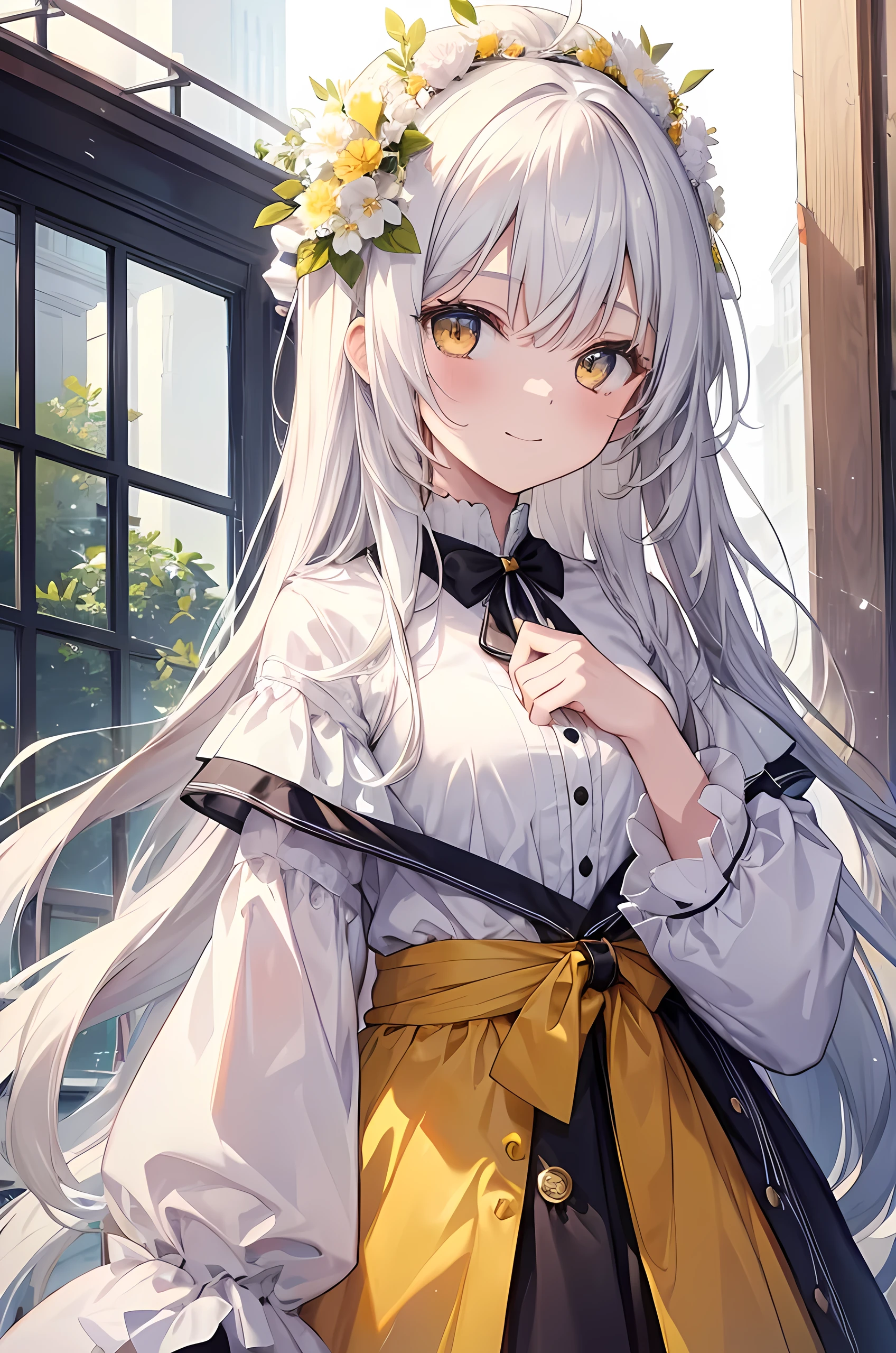Young girl, white long hair, yellow eyes, smile face, modern style, with flower crown