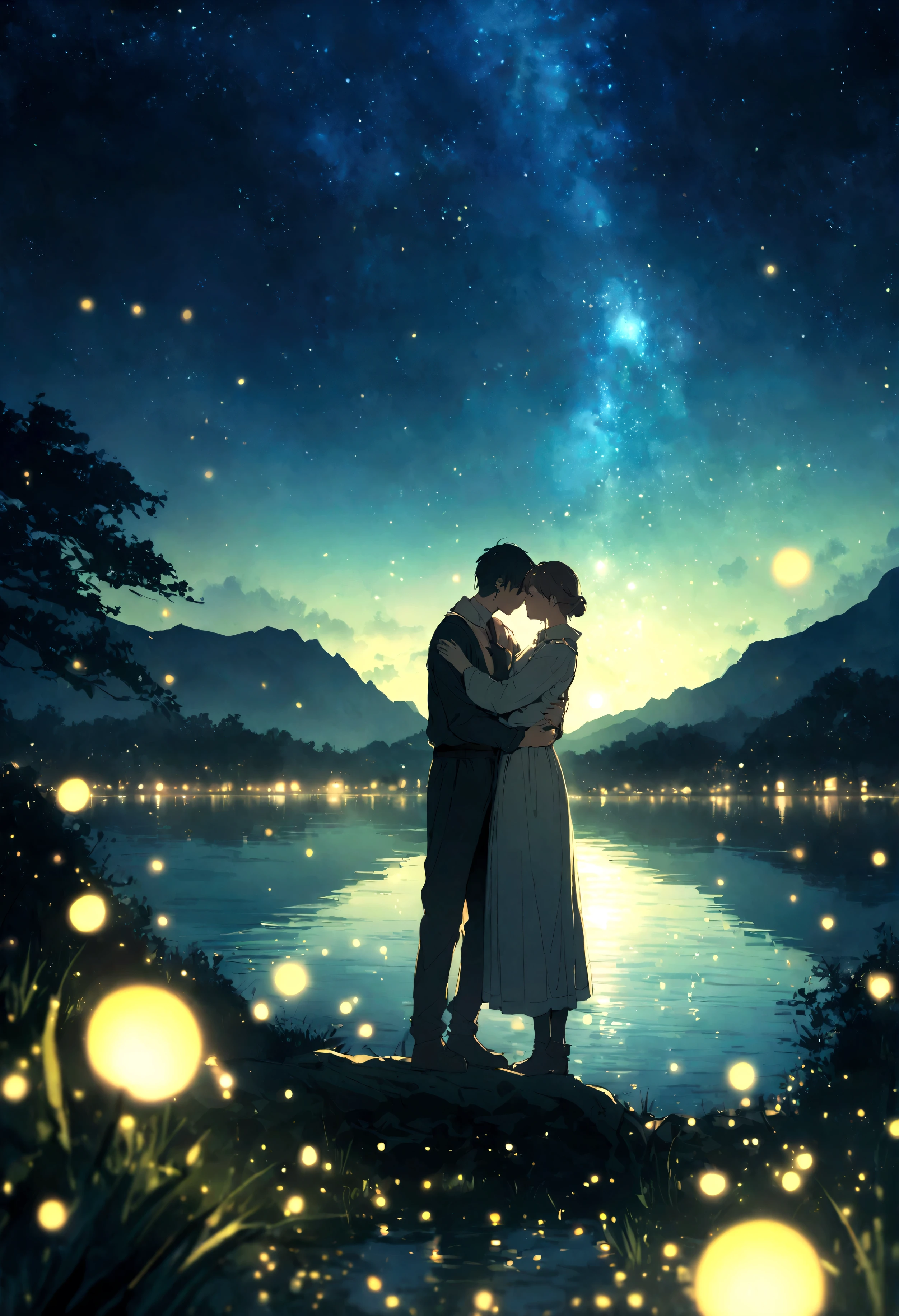 Lake at night with many fireflies、Young man and woman hugging each other、fantastic landscape,Cinematic atmosphere,