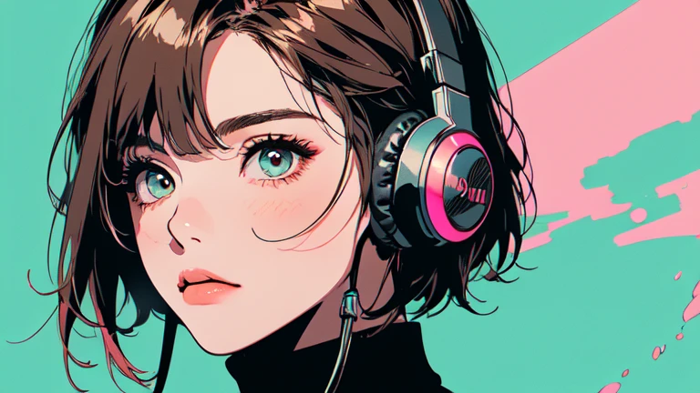 (Best Quality, Accurate, Perfect Face, Beautiful Woman Listening To Music, Cyberpunk Style, Unique Hair Color, Soft Lighting, Bright Color, Pink, Shining Adornment, Spring Night City, Neon, Peaceful Ambiance, Pleasant Background, Expressive Eyes, Sleek Hair, Wearing Headphones, Bright Eyes, Likeable Character, alone Brown hair, long eyelashes, round eyes, casting shadow, atmospheric perspective, 8k, masterpiece, super detailed, accurate, top quality, super high res, retina, meticulous