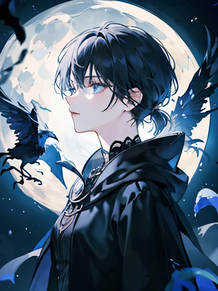 Moon Amazon, adult woman, black cloak, short black hair, masculine cut, blue eyes, moon effects