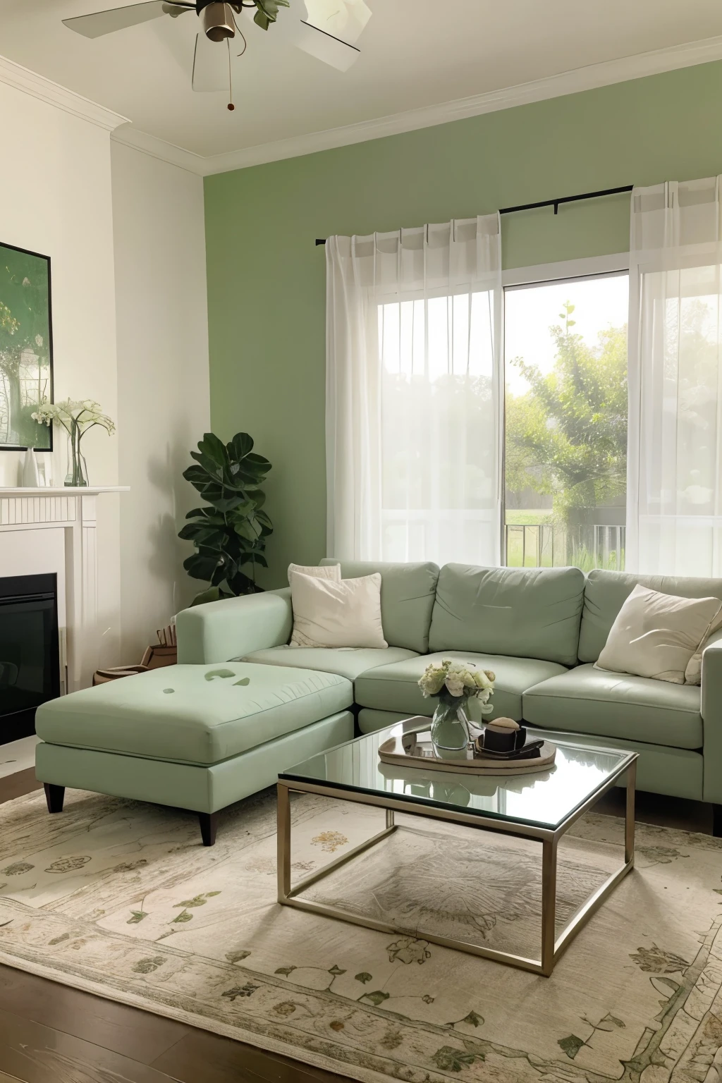 A modern living room bathed in soothing green tones. The room features a large L-shaped white sofa, a matching loveseat, and a black coffee table adorned with a white floral centerpiece. A flat-screen television is mounted on the green wall, while sheer curtains and recessed lighting enhance the airy ambiance. The furniture rests upon a plush white rug, adding to the overall sense of comfort and tranquility.