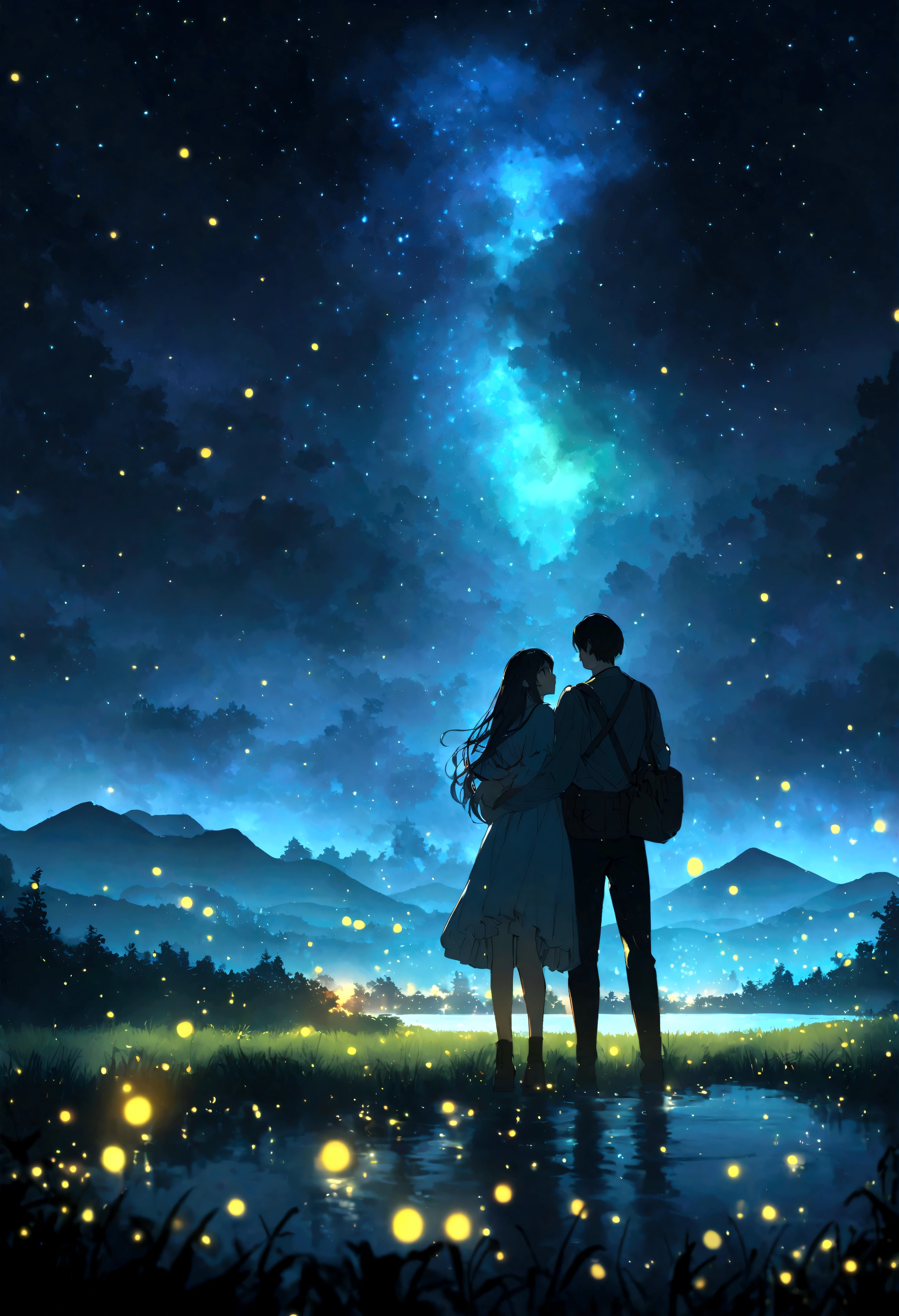Lake at night with many fireflies、Young man and woman hugging each other、fantastic landscape,Cinematic atmosphere,