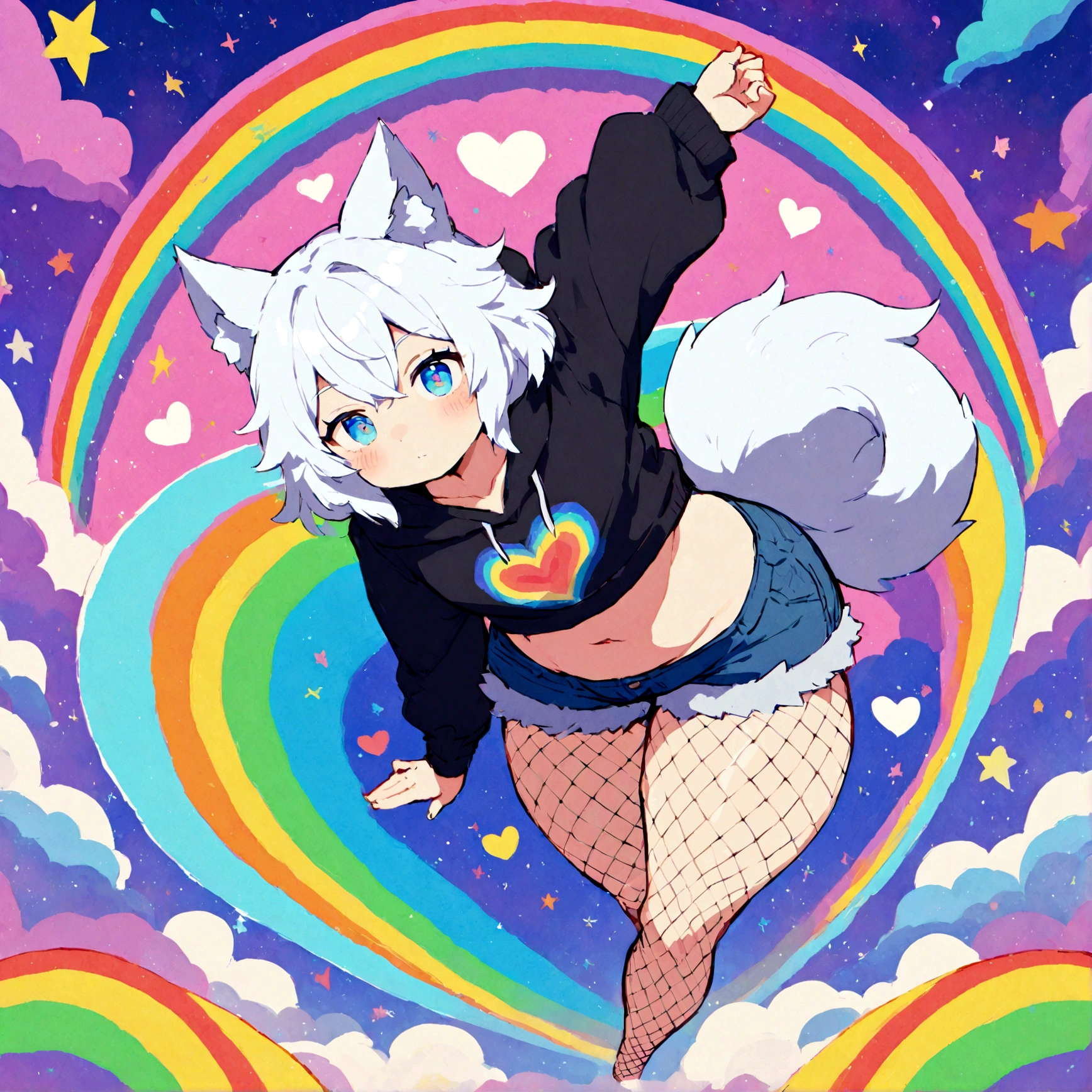 a cute adult male with wolf ears, white hair, has a wolf tail, wearing a loose cropped oversized black hoodie, wearing a pair of denim short shorts and fishnet stockings, thick thighs, wide hips, relaxing on mound of fluffy multi colored kawaii plushies, short, very slim, showing slender tummy, stretching out, heart on hoodie, squishy thighs, has glowing blue eyes. alone, solo (ALONE)(SOLO), surrounded by rainbows, colorful galaxy backround