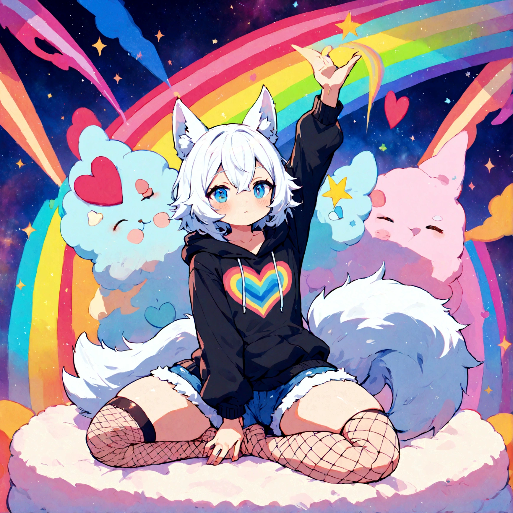 a cute adult male with wolf ears, white hair, has a wolf tail, wearing a loose cropped oversized black hoodie, wearing a pair of denim short shorts and fishnet stockings, thick thighs, wide hips, relaxing on mound of fluffy multi colored kawaii plushies, short, very slim, showing slender tummy, stretching out, heart on hoodie, squishy thighs, has glowing blue eyes. alone, solo (ALONE)(SOLO), surrounded by rainbows, colorful galaxy backround