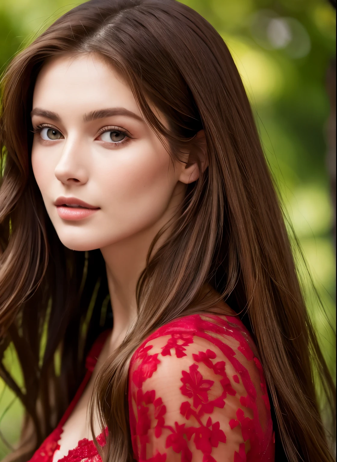 Close up portrait of long-haired woman in red dress, Portrait of Sophie Mudd, Attractive girl, Very beautiful face, Brown Hair Girl, Anna Nikonova、Also known as New Milky, Beautiful Model girl, Gorgeous and attractive face, Beautiful, round face, Beautiful Model, nodded, Attractive beautiful face, Gorgeous Woman, portrait of a Beautiful Model, Gorgeous young model