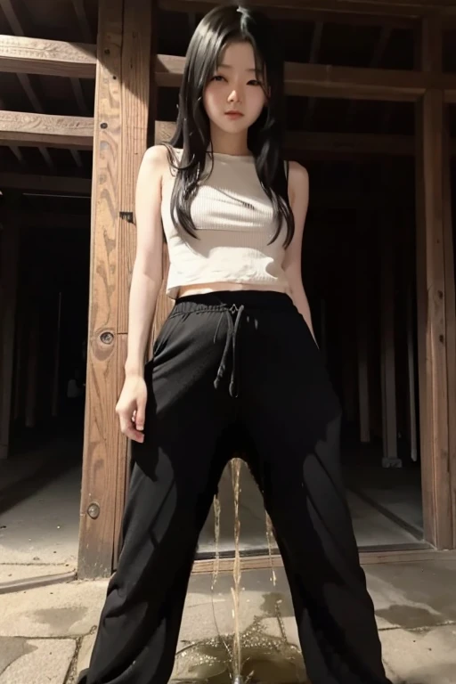 Japanese Girl sees the ghost and pees her black palazzo pants until her pants are wet in fright.
