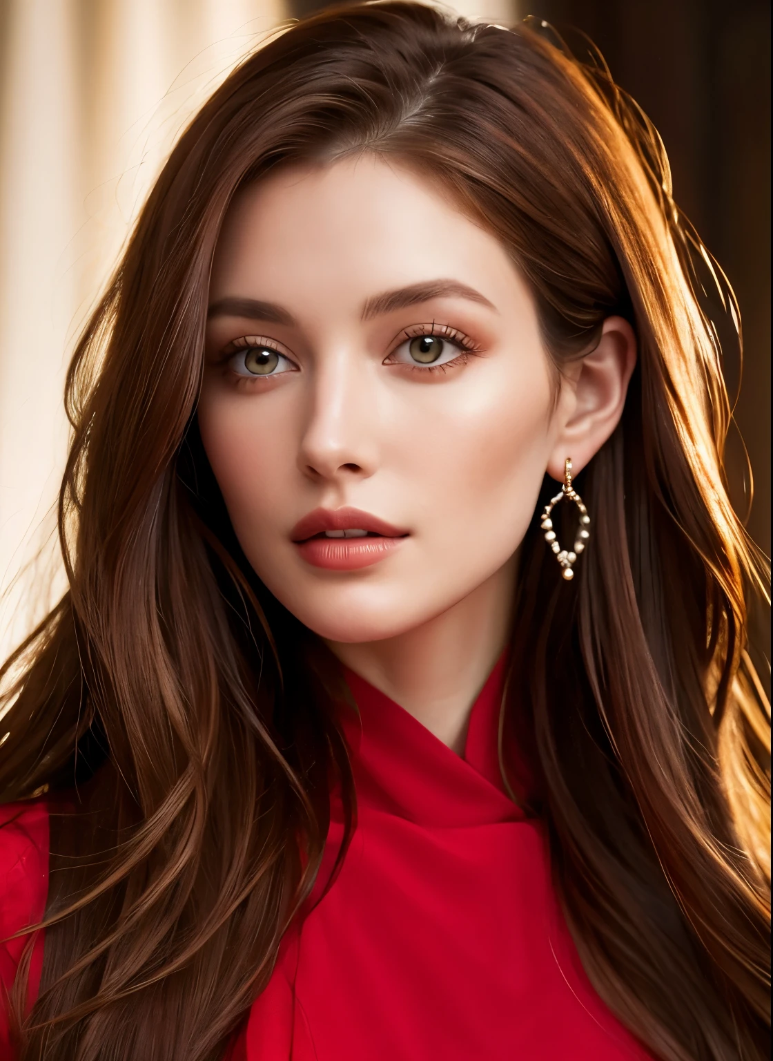 Close up portrait of long-haired woman in red dress, Portrait of Sophie Mudd, Attractive girl, Very beautiful face, Brown Hair Girl, Anna Nikonova、Also known as New Milky, Beautiful Model girl, Gorgeous and attractive face, Beautiful, round face, Beautiful Model, nodded, Attractive beautiful face, Gorgeous Woman, portrait of a Beautiful Model, Gorgeous young model