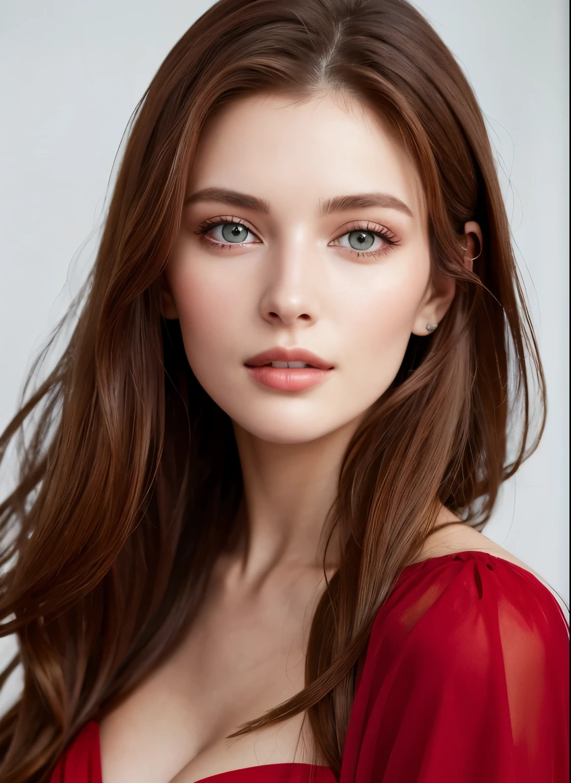 Close up portrait of long-haired woman in red dress, Portrait of Sophie Mudd, Attractive girl, Very beautiful face, Brown Hair Girl, Anna Nikonova、Also known as New Milky, Beautiful Model girl, Gorgeous and attractive face, Beautiful, round face, Beautiful Model, nodded, Attractive beautiful face, Gorgeous Woman, portrait of a Beautiful Model, Gorgeous young model