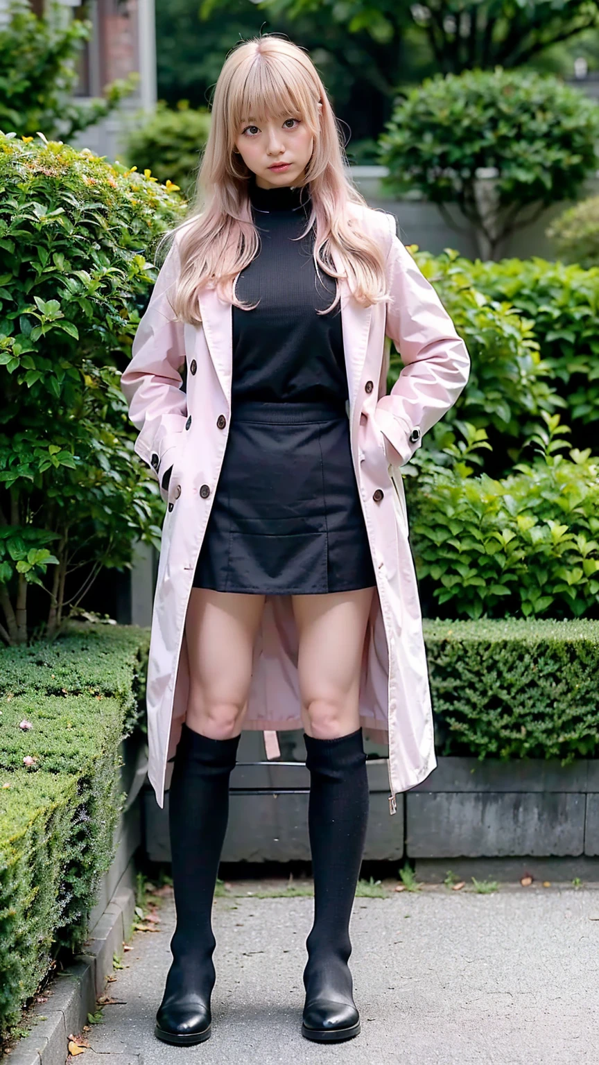 (8k、RAW Photos、highest quality、masterpiece:1.2)、(Realistic、Realistic)、1 girl、((Pink Coat、Blonde、Black Mini Skirt、Knee socks、、Big Breasts、boots、whole body、garden、View from the front、Looking into the camera、Standing with hands on ))、