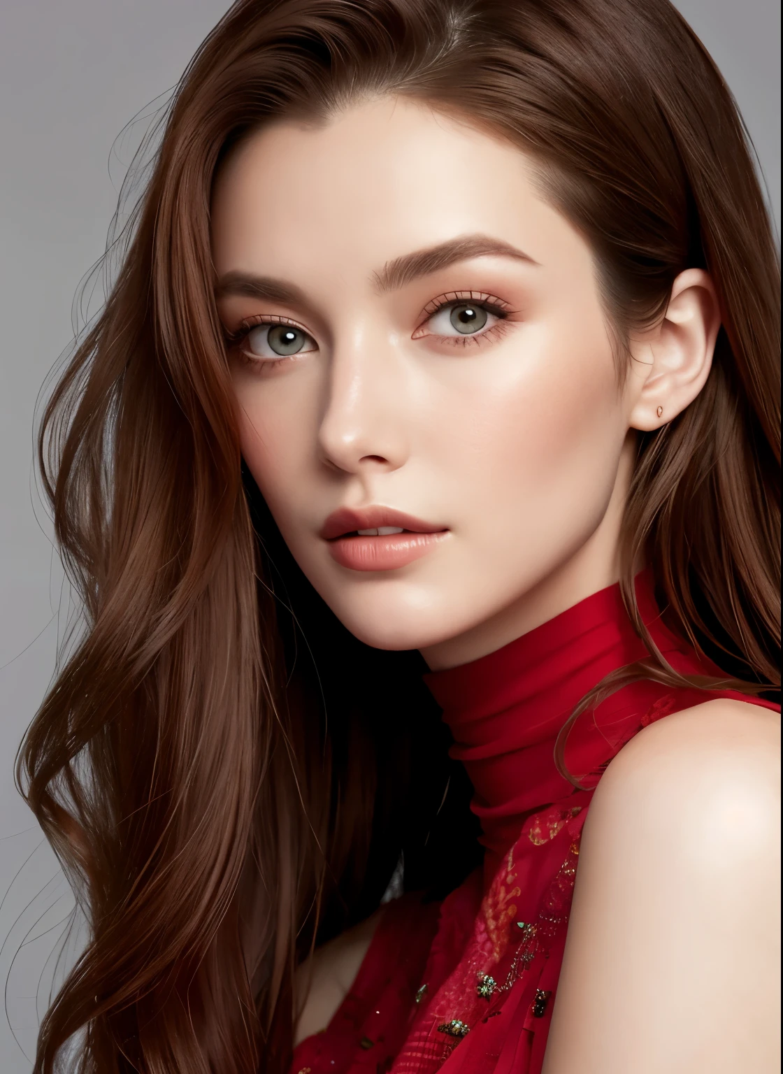 Close up portrait of long-haired woman in red dress, Portrait of Sophie Mudd, Attractive girl, Very beautiful face, Brown Hair Girl, Anna Nikonova、Also known as New Milky, Beautiful Model girl, Gorgeous and attractive face, Beautiful, round face, Beautiful Model, nodded, Attractive beautiful face, Gorgeous Woman, portrait of a Beautiful Model, Gorgeous young model