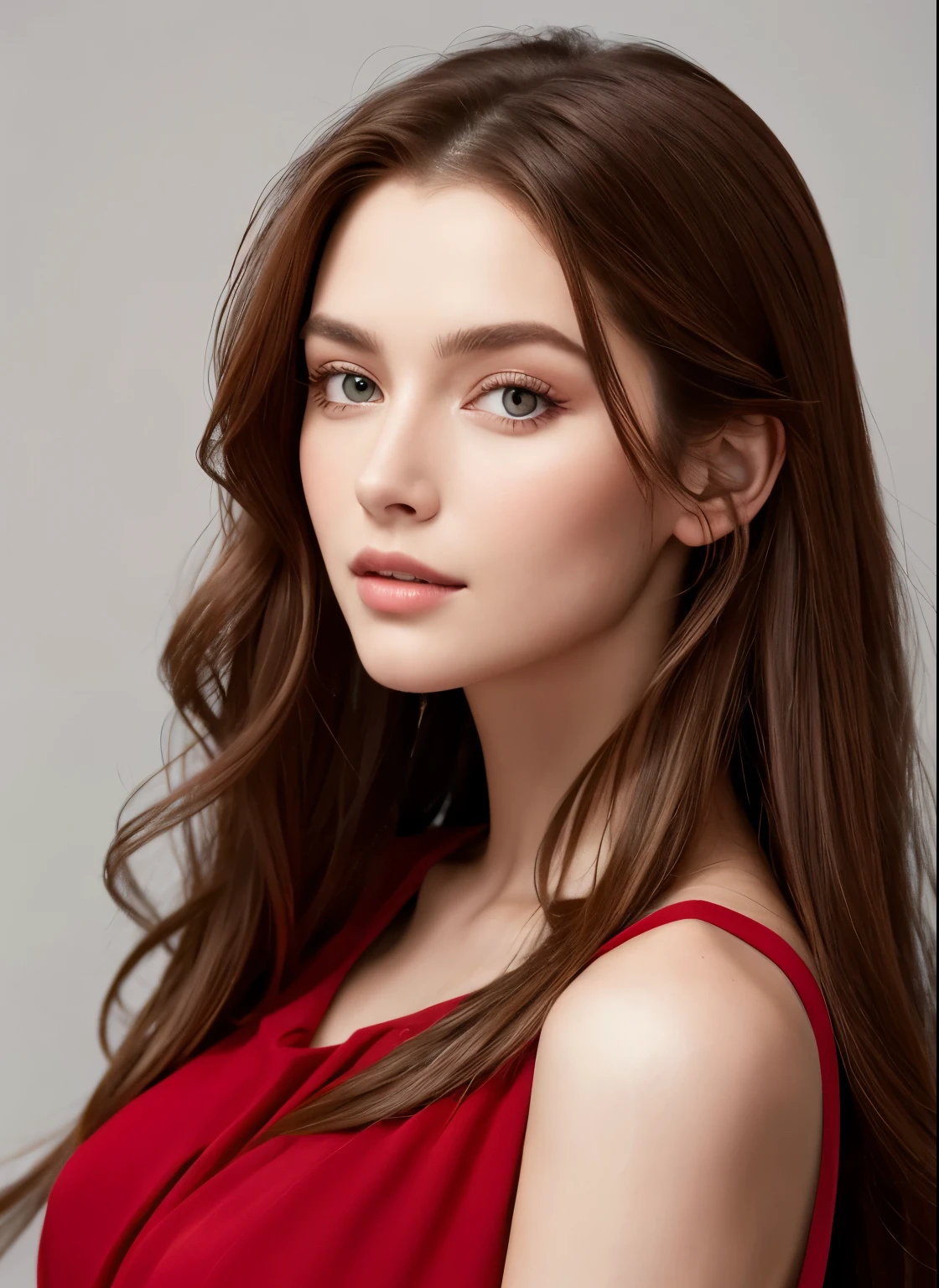Close up portrait of long-haired woman in red dress, Portrait of Sophie Mudd, Attractive girl, Very beautiful face, Brown Hair Girl, Anna Nikonova、Also known as New Milky, Beautiful Model girl, Gorgeous and attractive face, Beautiful, round face, Beautiful Model, nodded, Attractive beautiful face, Gorgeous Woman, portrait of a Beautiful Model, Gorgeous young model