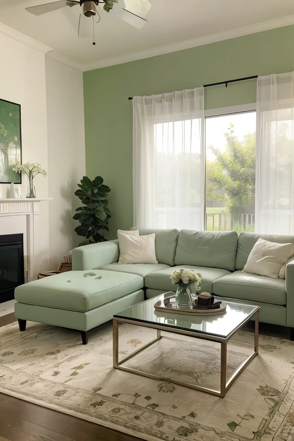 A modern living room bathed in soothing green tones. The room features a large L-shaped white sofa, a matching loveseat, and a black coffee table adorned with a white floral centerpiece.  A flat-screen television is mounted on the green wall, while sheer curtains and recessed lighting enhance the airy ambiance. The furniture rests upon a plush white rug, adding to the overall sense of comfort and tranquility.