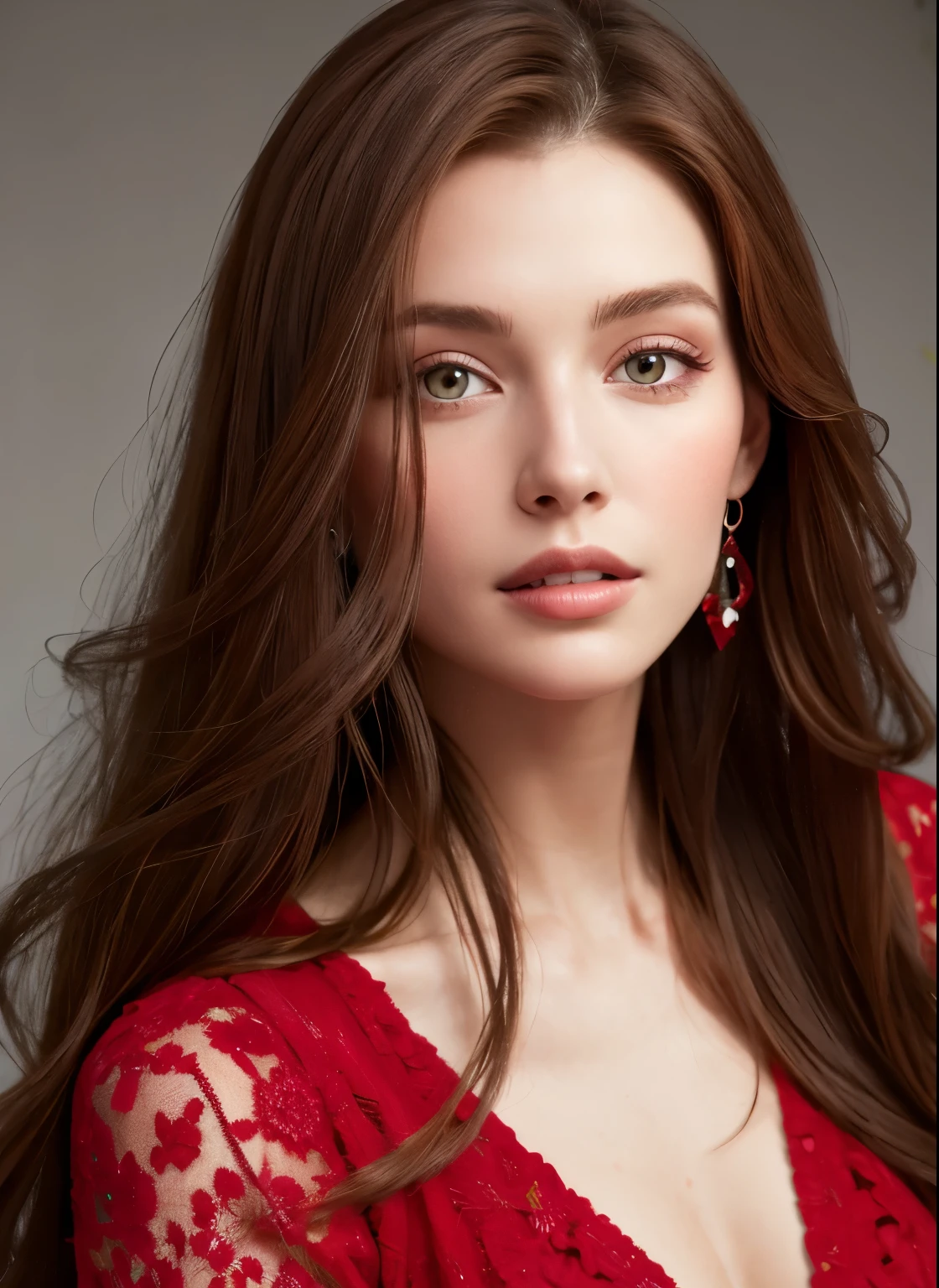 Close up portrait of long-haired woman in red dress, Portrait of Sophie Mudd, Attractive girl, Very beautiful face, Brown Hair Girl, Anna Nikonova、Also known as New Milky, Beautiful Model girl, Gorgeous and attractive face, Beautiful, round face, Beautiful Model, nodded, Attractive beautiful face, Gorgeous Woman, portrait of a Beautiful Model, Gorgeous young model