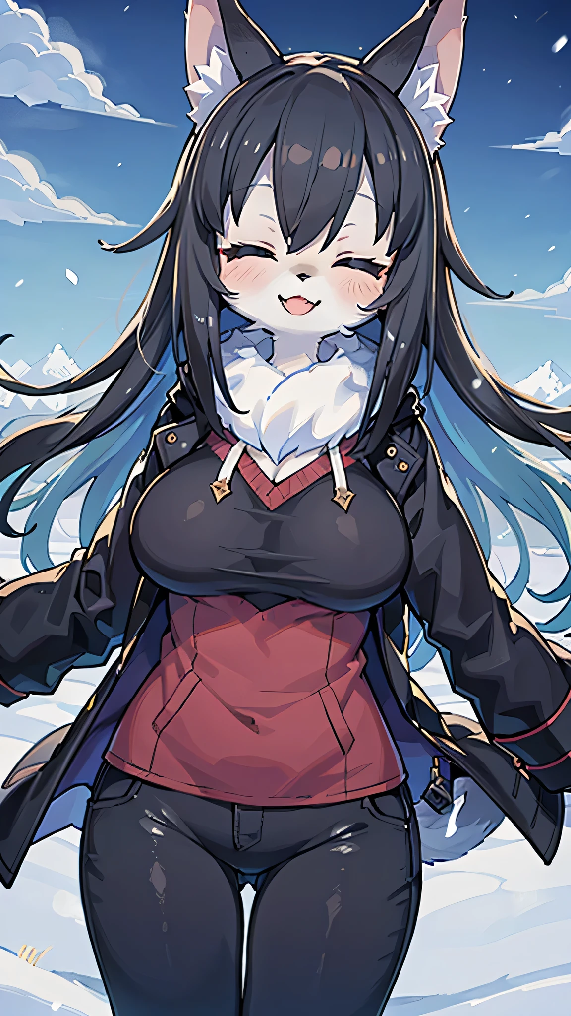 (masterpiece, highest quality), Intricate details, 8k, Wolf Girl, whole body, (1 person), Big Breasts, Slim figure, furry, Long Hair, anime, expensive, Black Hair, Black coat, Black trousers, Snowfield, 10th Generation, The wind is blowing, Hair is flowing, smile, Upper Body, noon, Open your mouth, ((Close ~ eyes))