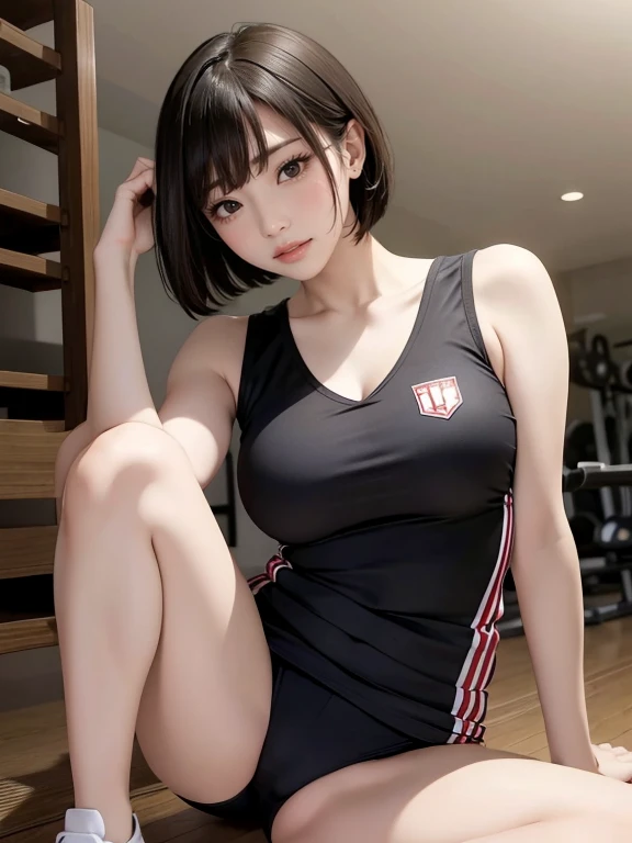 Japanese Idols Mature Woman (short hair) (Asymmetrical Bob Hair) (Shoulder-length bob hair) (Uneven hair cut) plump attractive appearance Short brown hair with bangs bangs cover one eye Thin rectangular frame glasses length, Narrow eyes Expressions of joy Big Breasts Volleyball Club Manager Wear a jersey Shorts In the gym masterpiece humidity Drawing from below Portraiture Low Angle Beautiful legs Split Squat Spread your legs