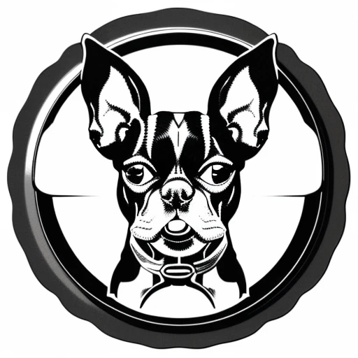 a dog barbershop,(Boston Terrier) logo, vector, line art, design, inspired, straight, symmetry