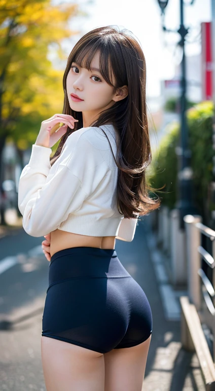 (highest quality、8k、Best image quality)、woman, 20-year-old, Short black wavy hair、(Tight clothing)、Cute Smile、((Poses that accentuate the buttocks、looked back))、Sexy Hips、(((Panty line shows through)))、Cute Earrings、(Please tilt your head a little)、((Beautiful buttocks in shape))