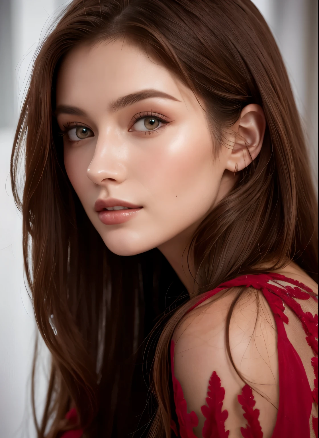 Close up portrait of long-haired woman in red dress, Portrait of Sophie Mudd, Attractive girl, Very beautiful face, Brown Hair Girl, Anna Nikonova、Also known as New Milky, Beautiful Model girl, Gorgeous and attractive face, Beautiful, round face, Beautiful Model, nodded, Attractive beautiful face, Gorgeous Woman, portrait of a Beautiful Model, Gorgeous young model