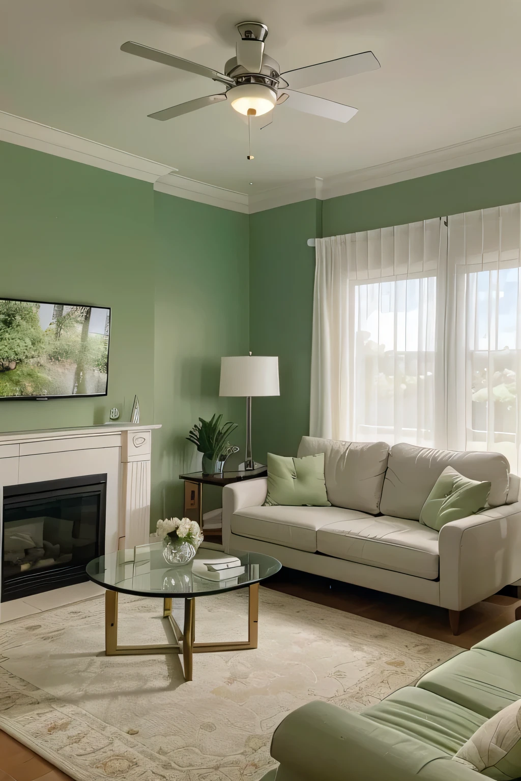 A modern living room bathed in soothing green tones. The room features a large L-shaped white sofa, a matching loveseat, and a black coffee table adorned with a white floral centerpiece.  A flat-screen television is mounted on the green wall, while sheer curtains and recessed lighting enhance the airy ambiance. The furniture rests upon a plush white rug, adding to the overall sense of comfort and tranquility.